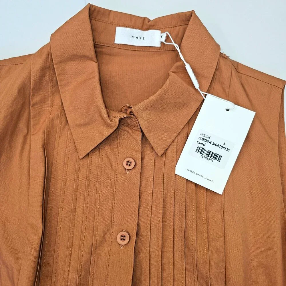 NWT Camel Cotton Poplin Midi Shirtdress Pintuck Button Front Pockets Small - Picture 8 of 10